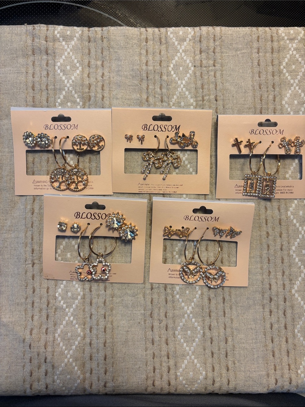 Blossom Gold-Tone Rhinestone Earring Sets - Lot of 5